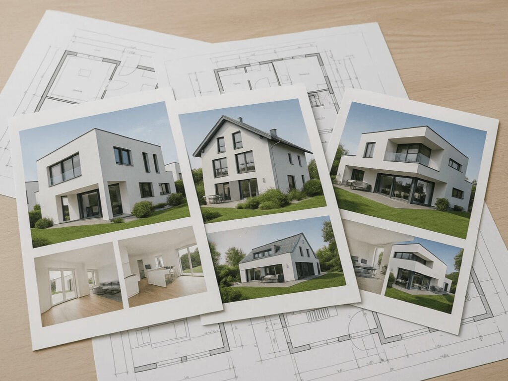Das Bild zeigt mehrere gedruckte Exposés mit Fotografien moderner Einfamilienhäuser, die auf einem Tisch auf Architekturplänen liegen. Insgesamt sind auf den drei Exposés neun Fotos sichtbar. Jedes Exposé zeigt außen moderne, weiß verputzte Einfamilienhäuser mit Flachdach oder Satteldach, großen Fenstern und Gartenanlagen. Zwei der Exposés zeigen auch Innenaufnahmen mit hellen, offenen Wohnbereichen, Holzfußboden und großen Glasfronten. Im Hintergrund liegen großformatige Architekturzeichnungen mit Grundrissen und Maßangaben auf hellem Holztisch. Die Bildkomposition wirkt aufgeräumt und sachlich.
